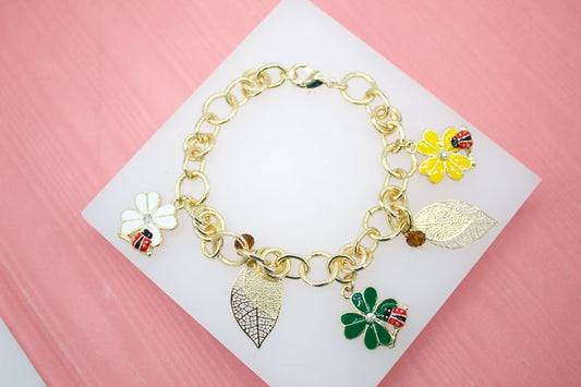 18K Gold Filled Flower Leaf Nature Charms Bracelet (I405)-0